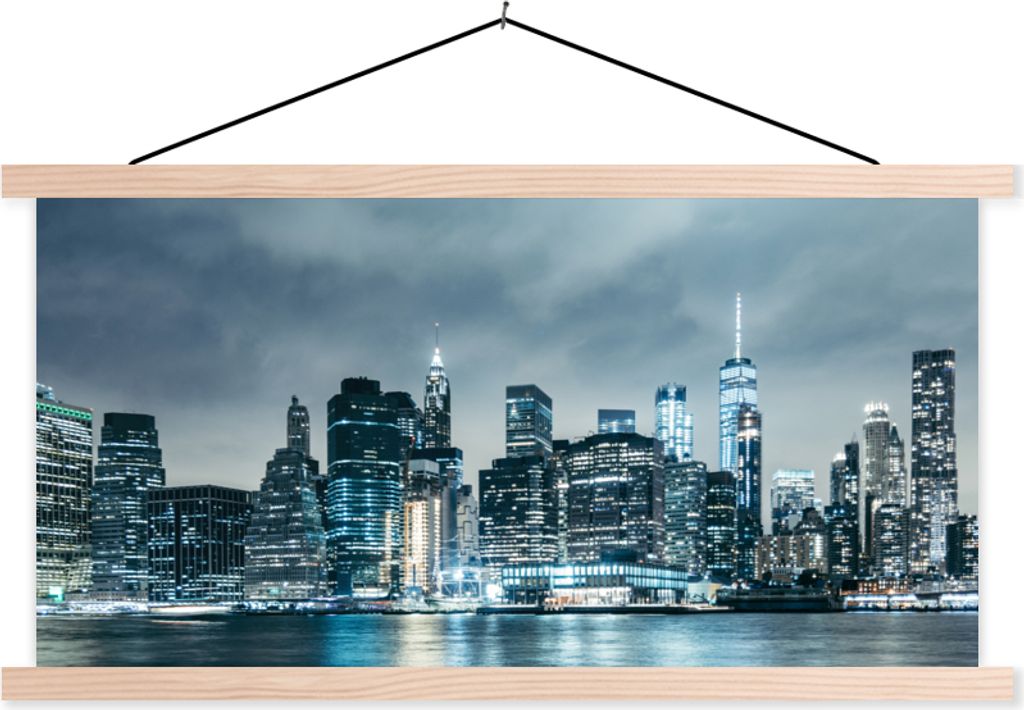 MuchoWow Textilposter New York - Skyline - Winter 60x30 cm mit holzfarbenen Rahmen - Dekoration