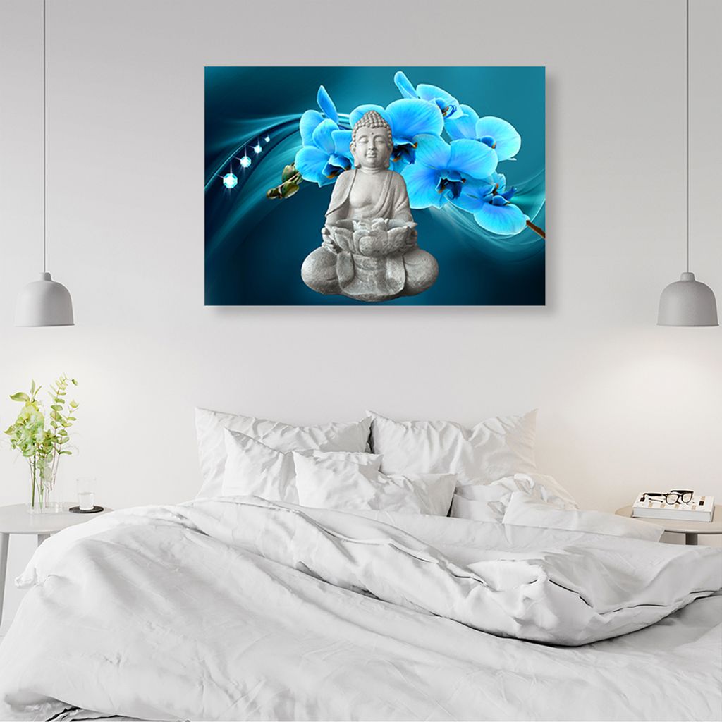 Wandbilder XXL Modern Wohnzimmer Schlafzimmer Flur Bilder Buddha Blumen Blau