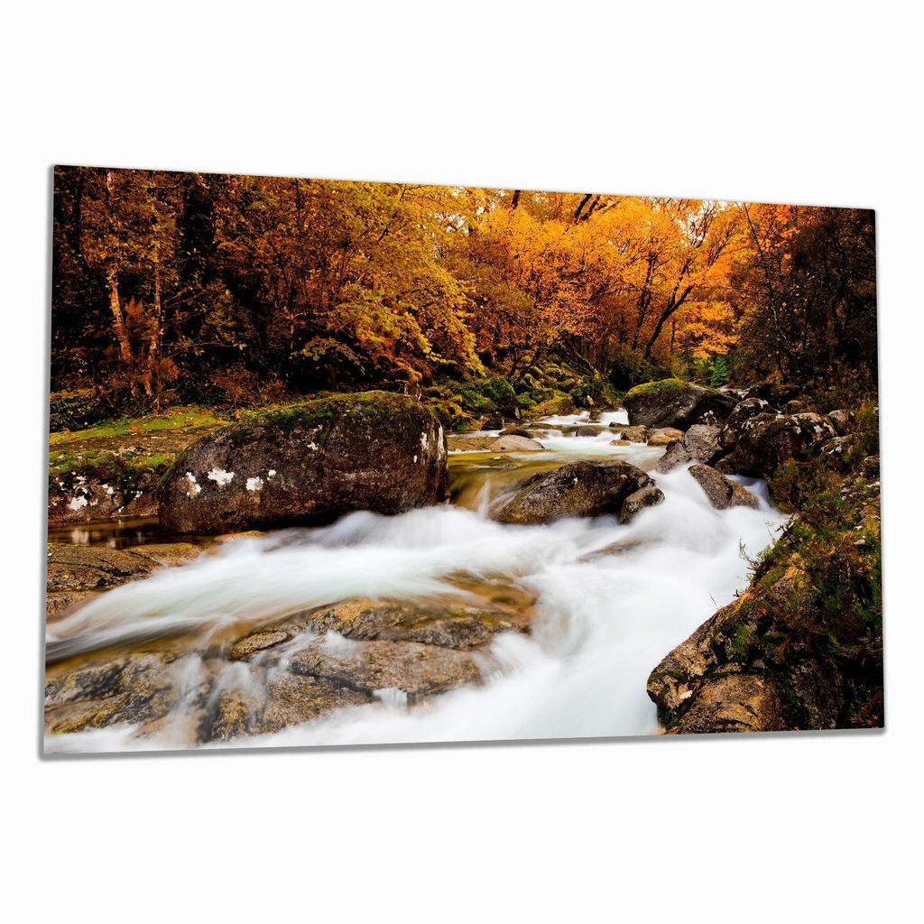 Wallario Herdabdeckplatte aus Glas, Größe 80 x 52 cm 1-teilig, Motiv Fließender Bach im Herbstwald
