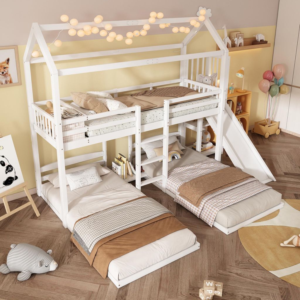 okwish Etagenbett Stockbett 90x200cm, Drei Einzelbett mit Rutsche, Hochbett mit Rausfallschutz, Massivholzbett Kinderbett Bettgestell mit dreistufi...