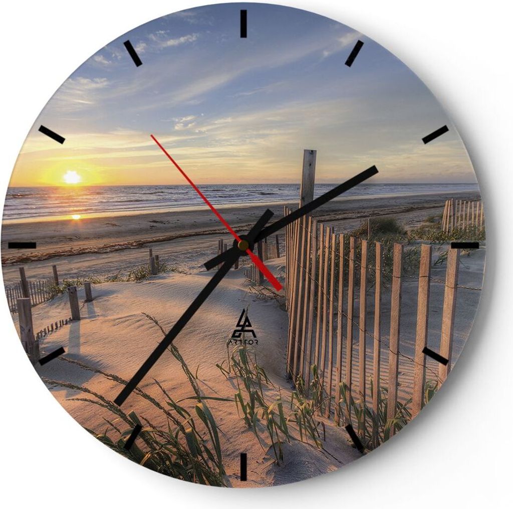Wanduhr - Rund - Glasuhr - Westen Sonne Düne - 30x30cm - Schleichendes Uhrwerk - Lautlos - zum Aufhängen bereit - Dekoration Modern - Wanddekorat...