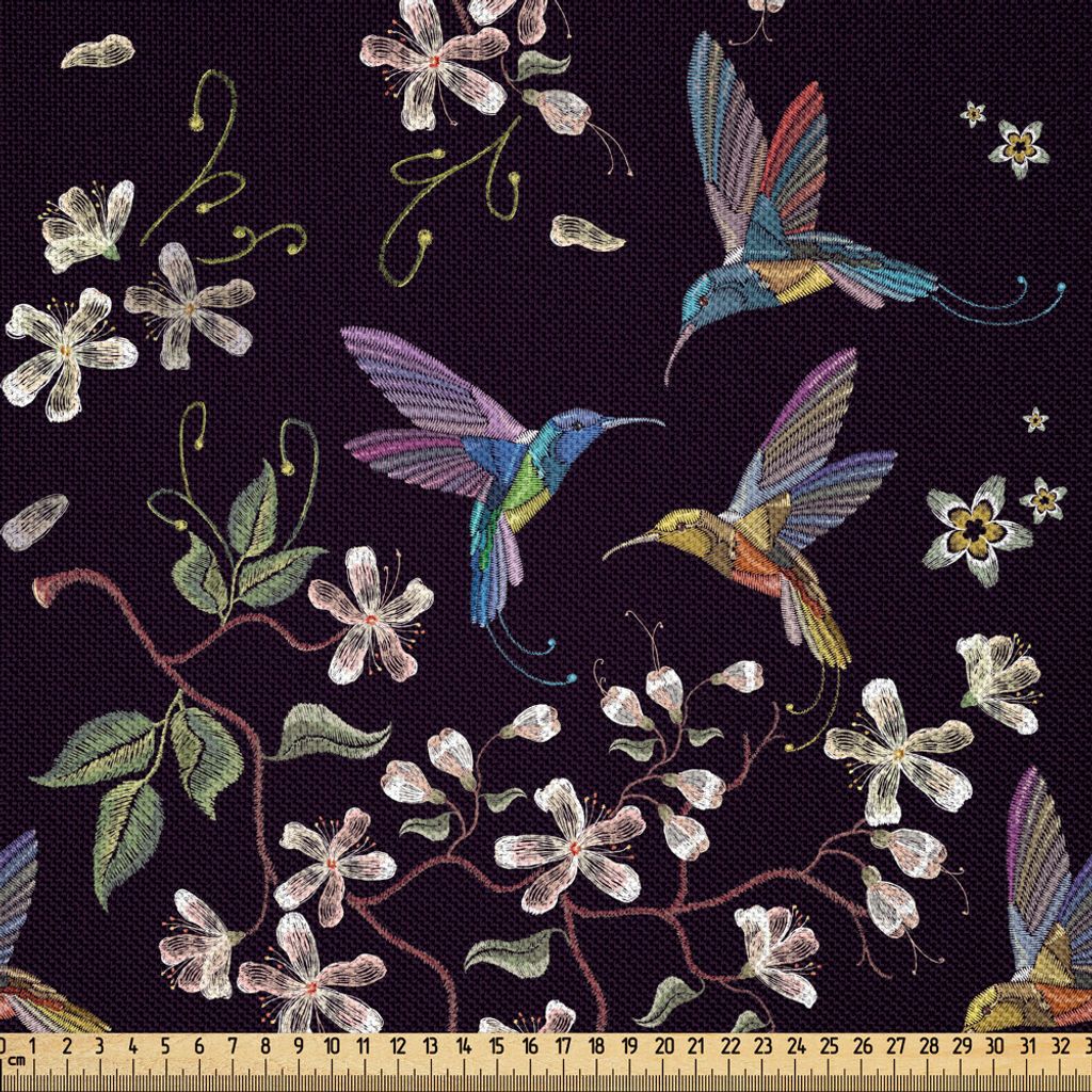 ABAKUHAUS Kirschblüte Satin Stoff als Meterware, Flappy Broad-Tailed Kolibris fliegen um weiße Kirschblüten Bäume, 1 M (148 x 100 cm), Mehrfarbig