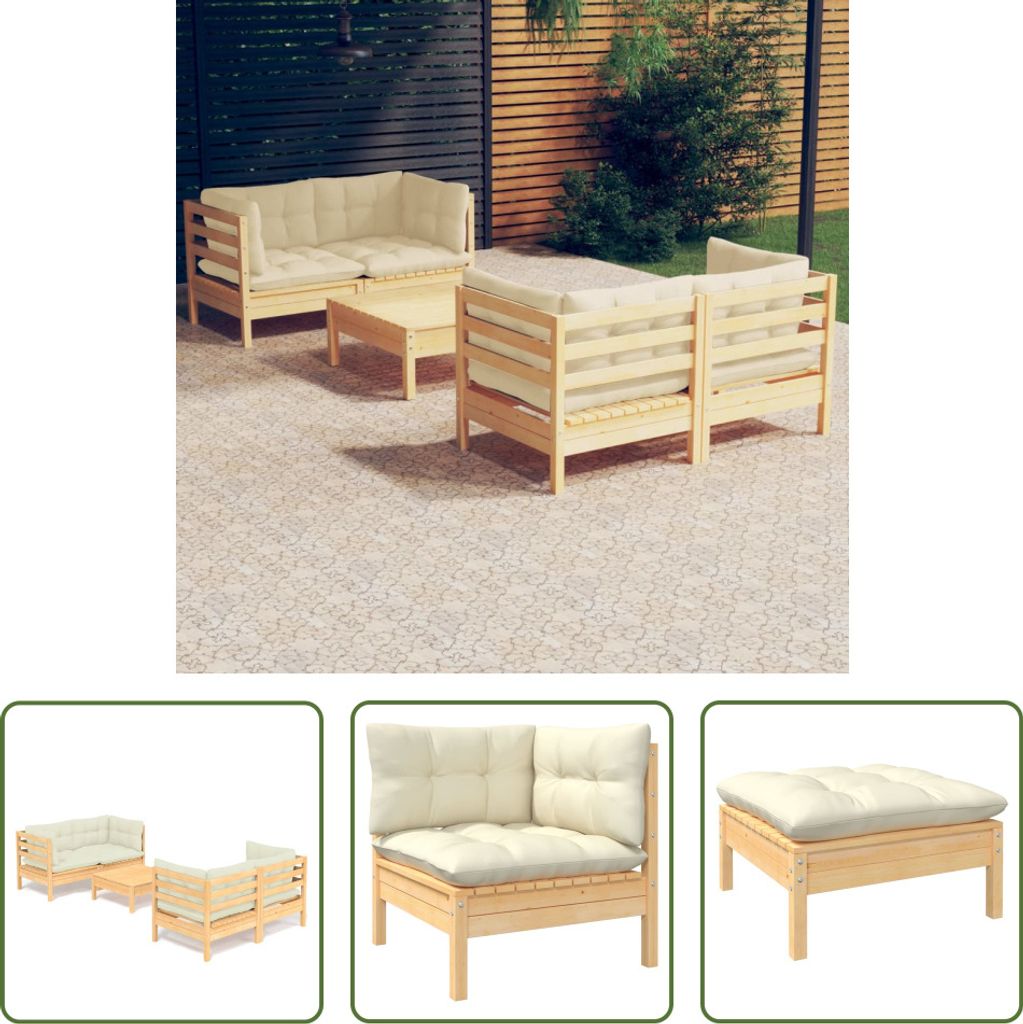 The Living Store 5-tlg. Garten-Lounge-Set mit Creme Kissen Kiefernholz