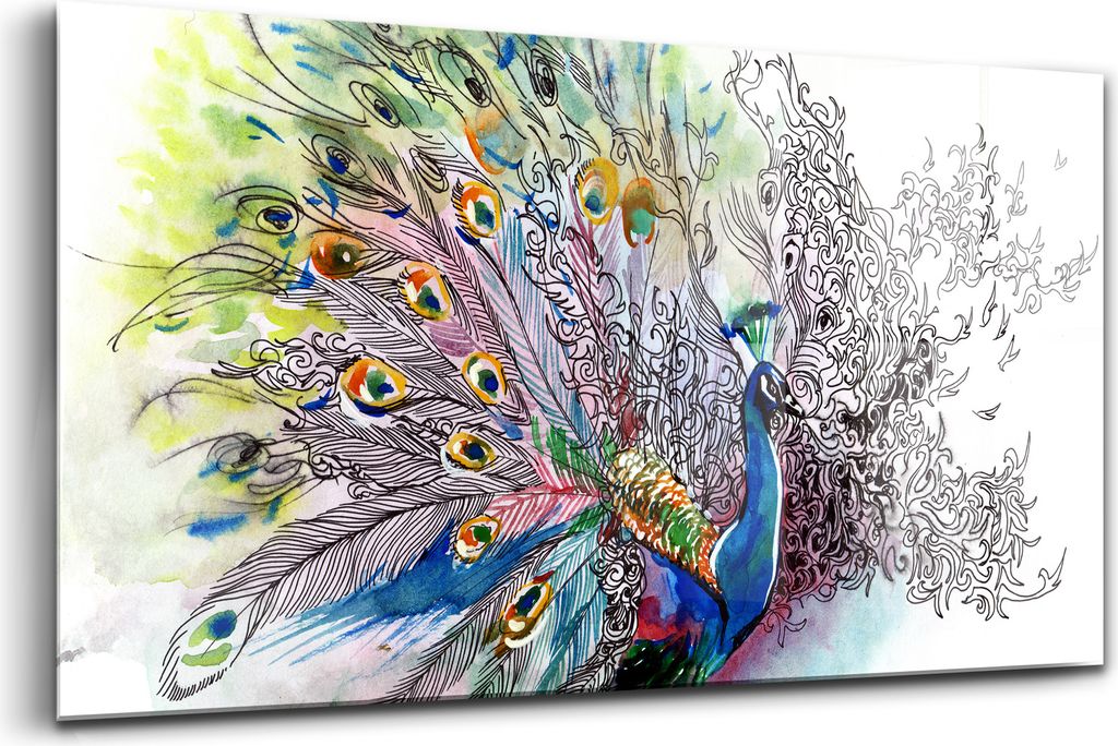 120x60 - Glasbilder - Bilder auf Wandbild - Foto auf Glas - Bunt gemusterter Pfau als Symbol der Vollkommenheit