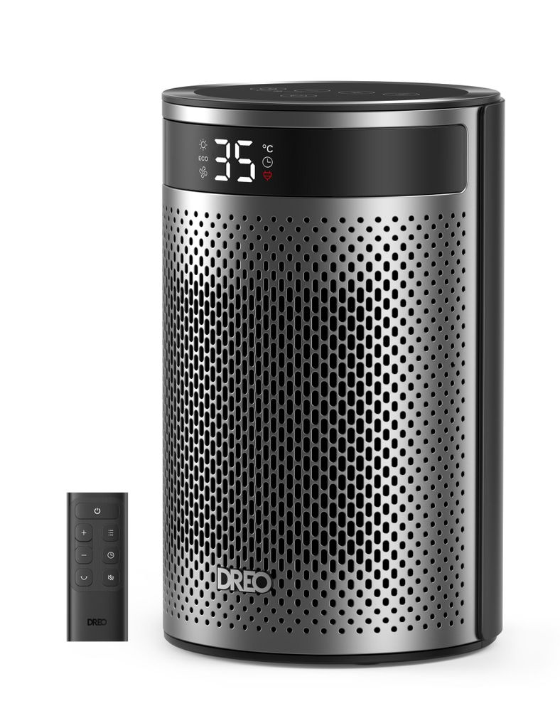 A Dreo Atom 416 heater and its remote control are shown against a white background.