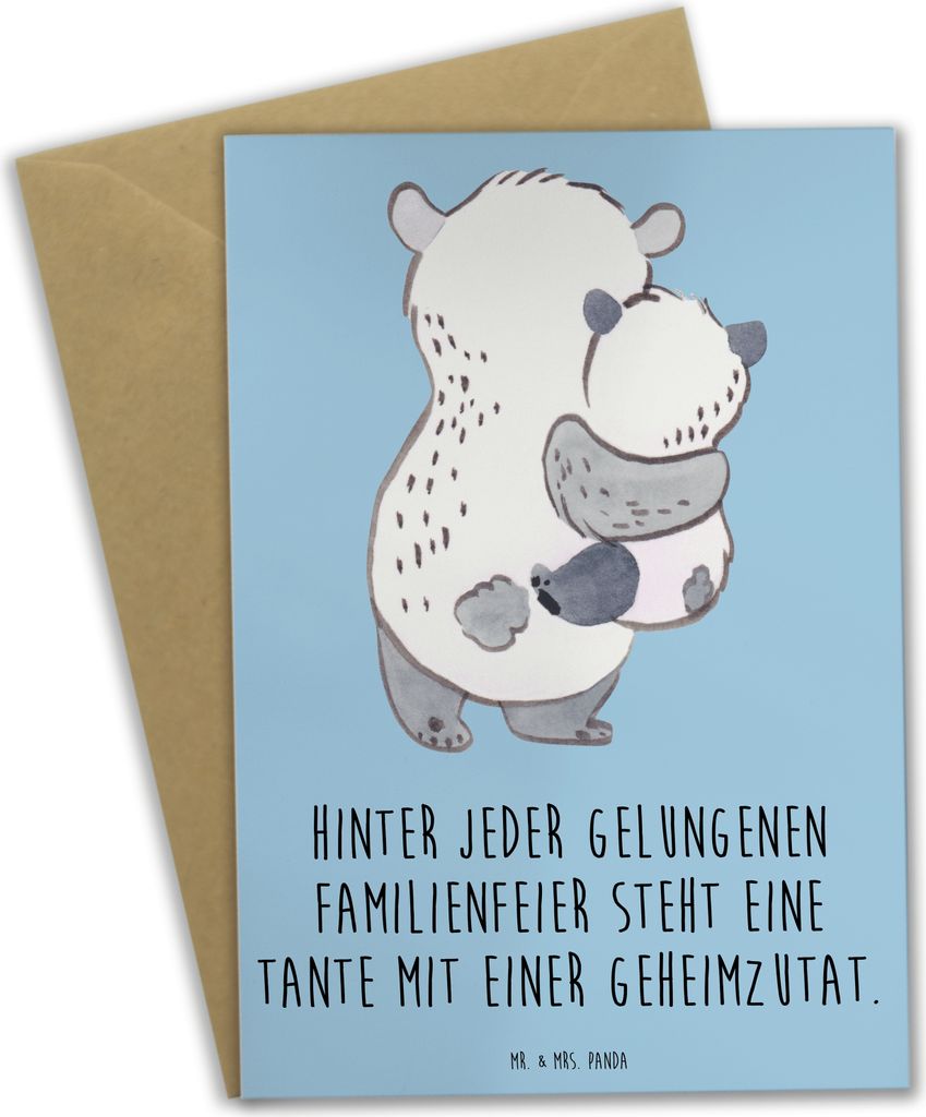 Mr. & Mrs. Panda Grußkarte Tante Geheimzutat - Blau Pastell - Geschenk, Geburtstage, Rezept, Talent, osterkarten, kommunionskarte, Nichte, Dekorat...