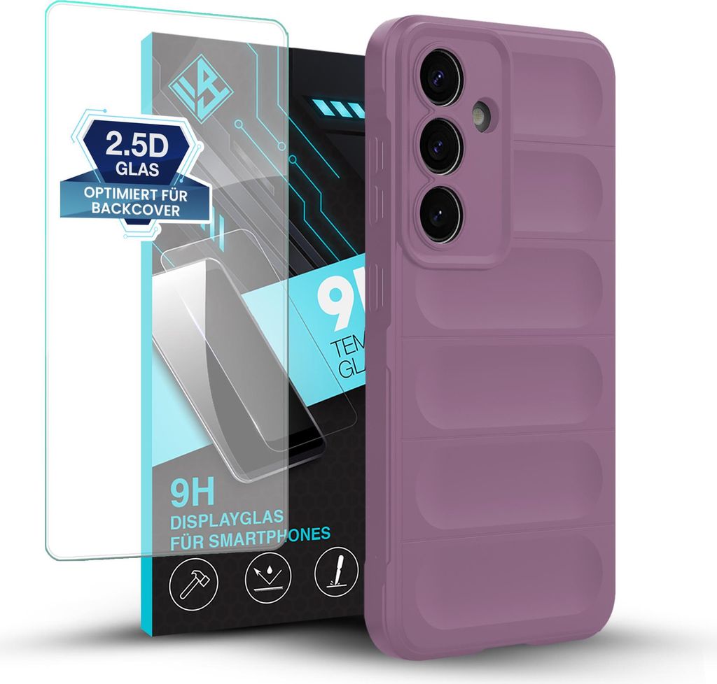 Handy Hülle für Samsung Galaxy S25 mit 9H Displayglas Displayschutz Plus Grip Case Cover Schutzhülle Softgrip Farbe: Violett