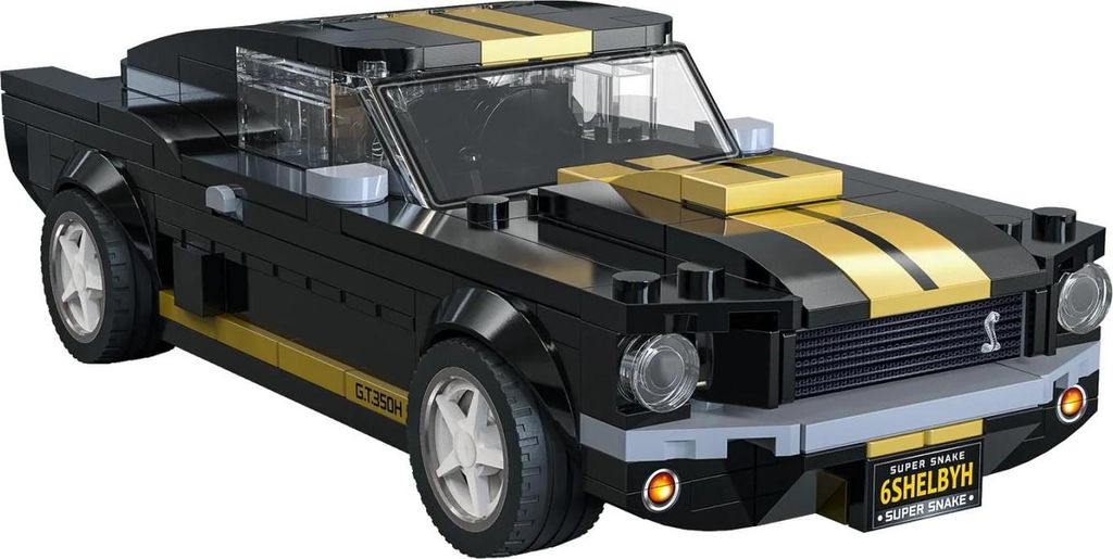 A black and gold Lego model of a Shelby GT 350H car.