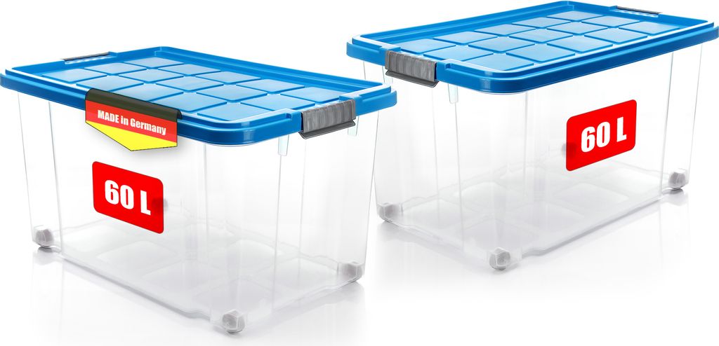 BigDean 2 Stück 60 L Aufbewahrungsbox mit Deckel groß azurblau - stapelbare robuste Box - rollbare Stapelbox mit festen Klickverschlüssen