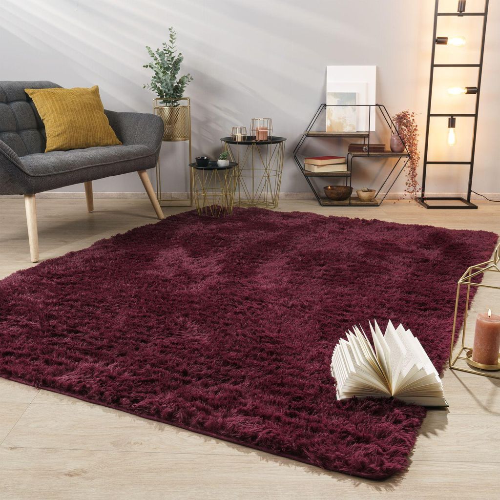 A living room scene with a rug, chair, and shelving unit.