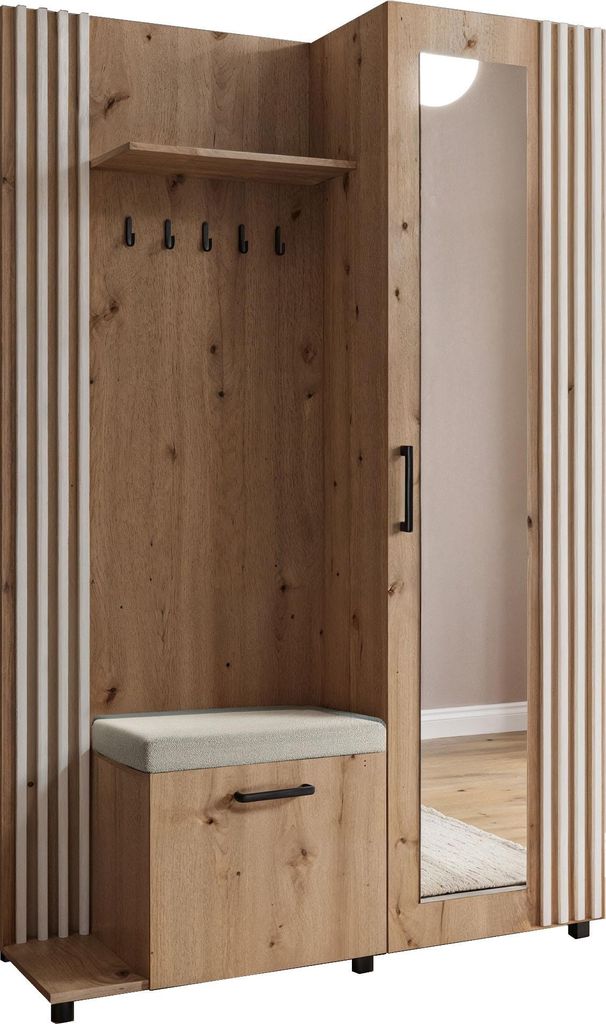 Garderoben-Set im Skandi-Stil mit Spiegel, Sitzbank, Schuhablage & Haken – Flurgarderobe 137 cm in Weißen Lamellen-Optik mit Ablage und Stauraum...
