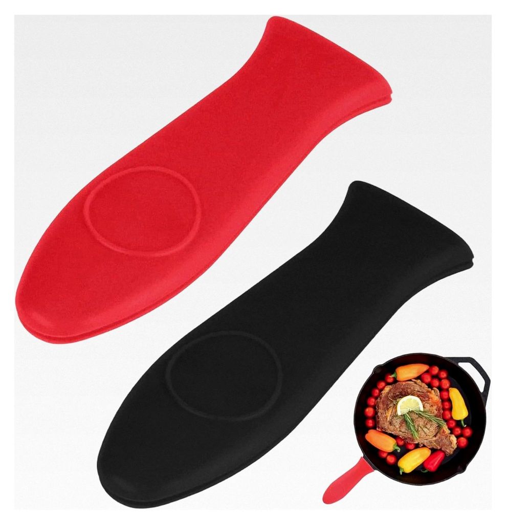 2 Stück Silikon Heißgriffhalter, Silikon Griff für Pfannen, Hitzeschutz für Gusseisen, Woks, Bratpfannen, Ofen, Schwarz und Rot