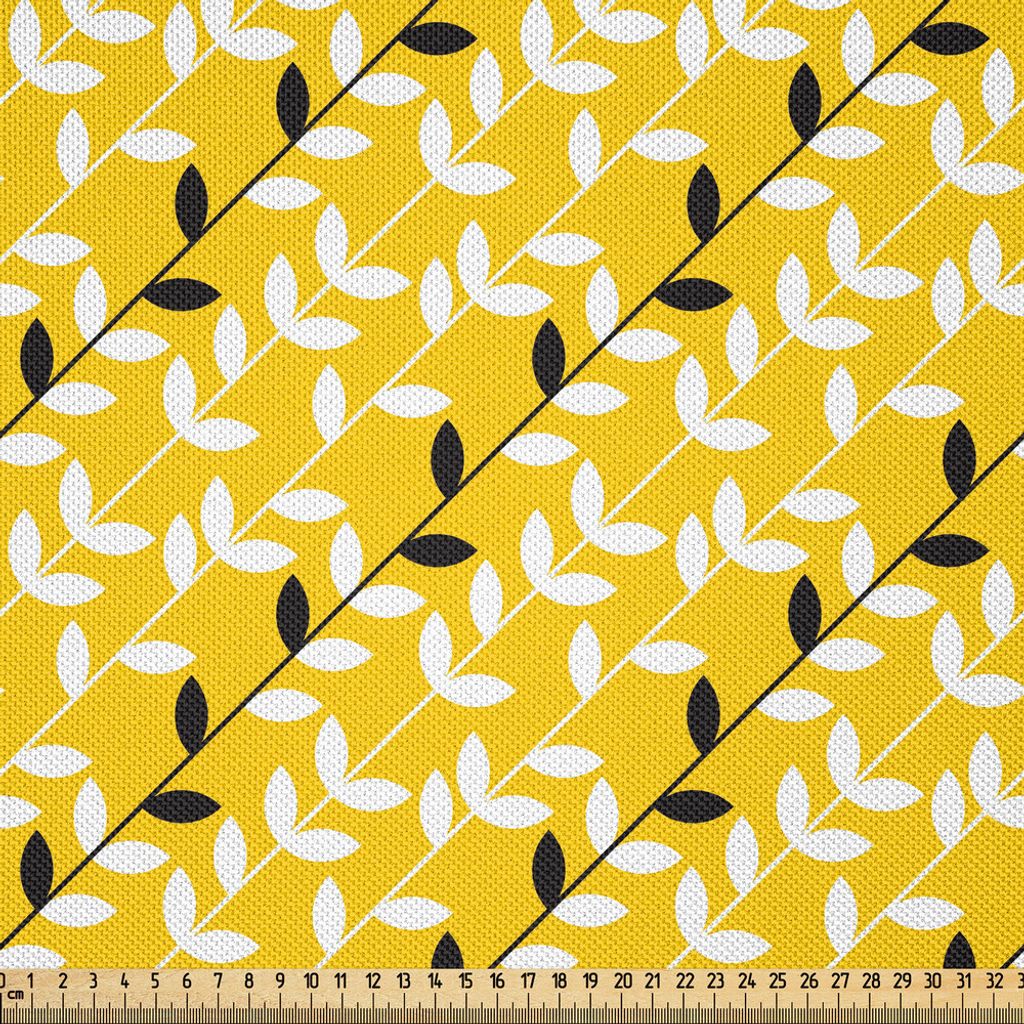 ABAKUHAUS Asian Blätter Satin Stoff als Meterware, Diagonal verlässt Muster mit Monochrom-Töne auf Gelb, 1 M (148 x 100 cm), Gelb Grau