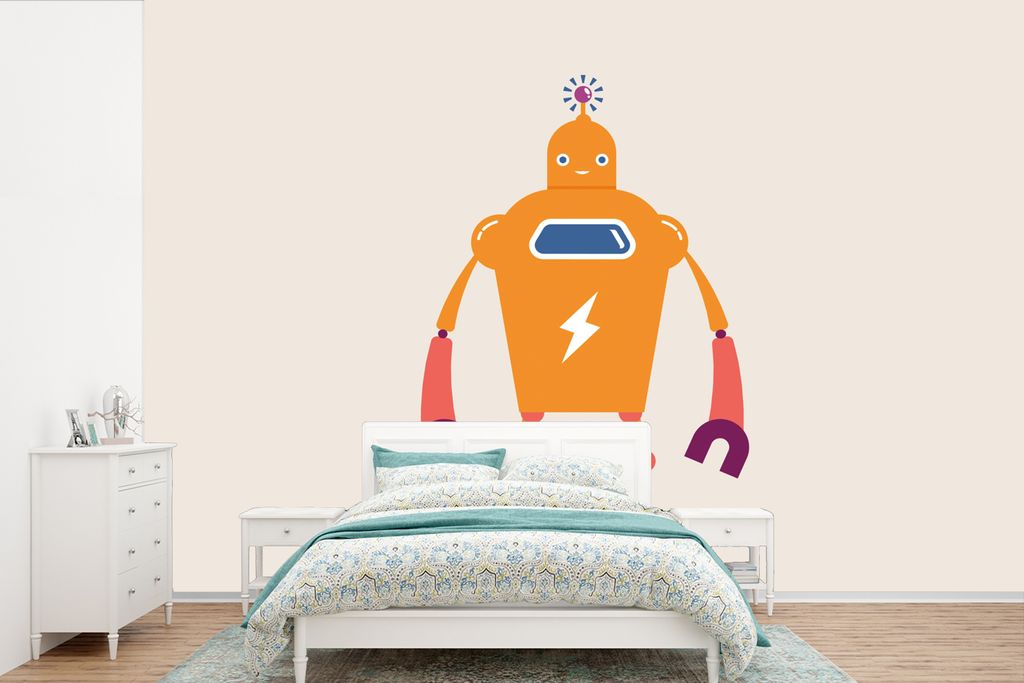 MuchoWow Fototapete für Wohnzimmer oder Schlafzimmer Wandtapete Vinyl Motivtapete Roboter - Antenne - Orange - Blitzschlag - Junge - Kinder - 39...