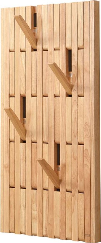 A wooden coat rack with multiple hooks mounted on a slatted wooden panel.