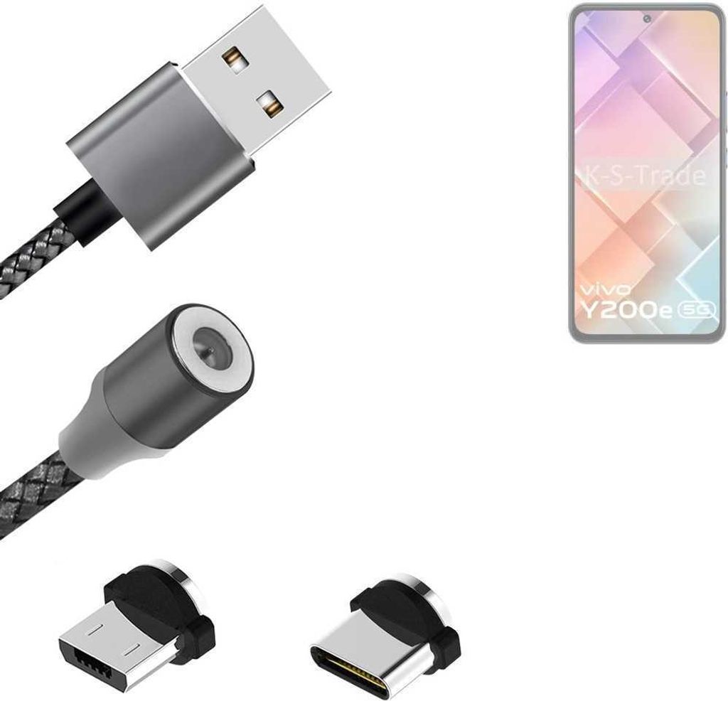 K-S-Trade Hochwertiges Magnet-Lade-kabel Sync-Kabel Daten-Kabel für Vivo Y200e 5G mit USB-Typ-C-Anschluss und Micro-USB-Anschluss 2A bis zu 480mbps