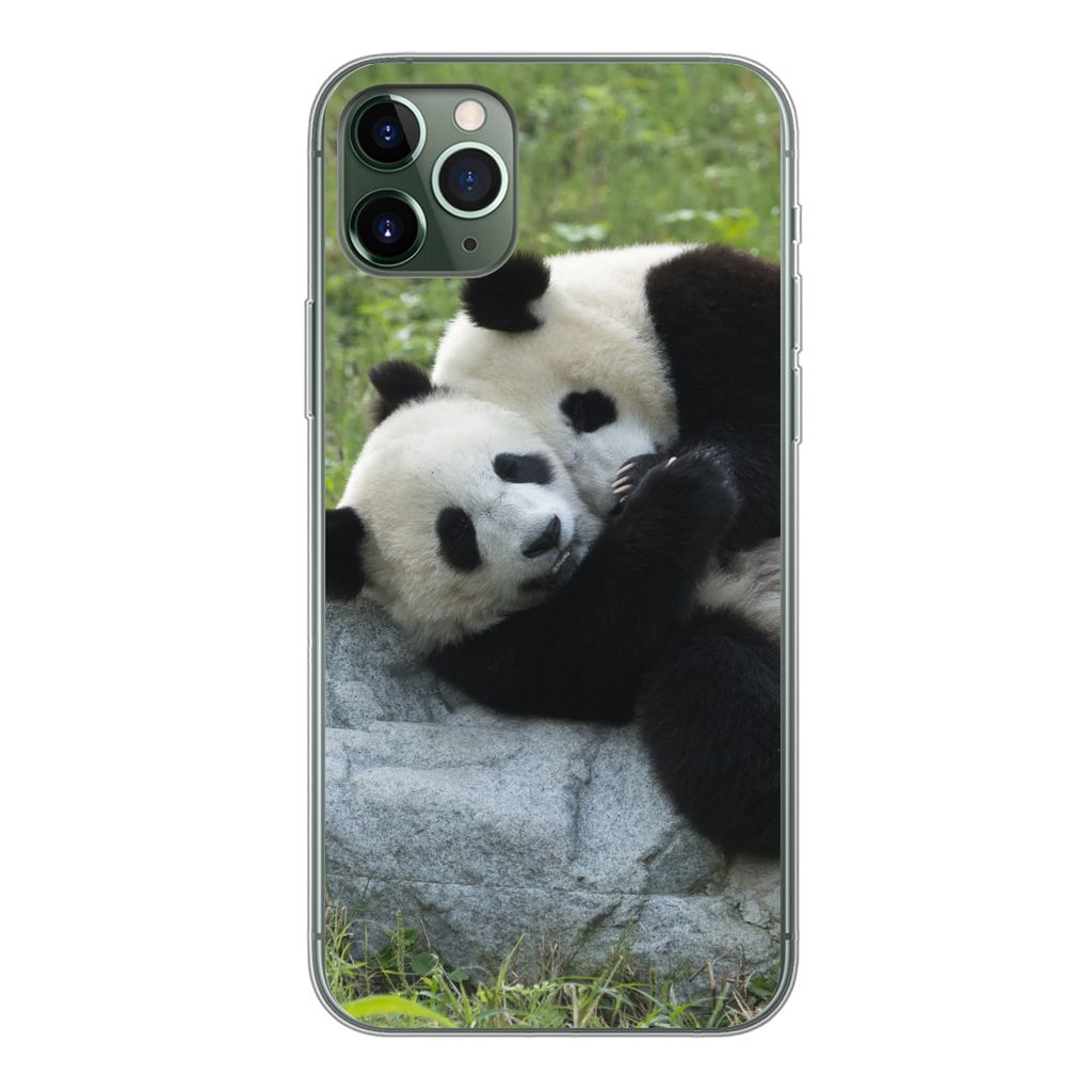 MuchoWow Handyhülle Schutzhülle Hülle für iPhone 11 Pro Max Pandas - Gras - Stein Silikon Softcase Handy Hülle - Schutz