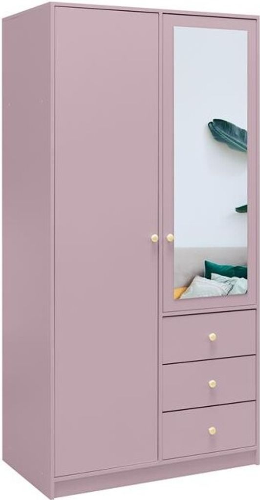 BETTSO Drehtürenschrank Kleiderschrank mit 2 Türen und 3 Schubladen Spiegel Garderobenschrank Schlafzimmerschrank RAINBOW II 100cm Pflaume