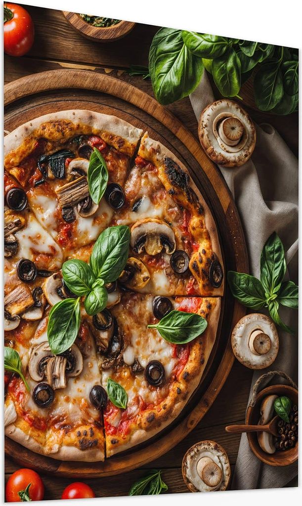 Glasbild 60x80cm in XXL für Wohnzimmer, Schlafzimmer Motiv Holztisch Pizza