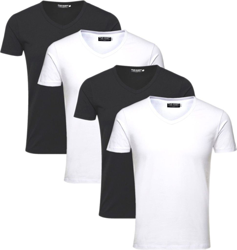 Jack & Jones 4er-Pack Basic T-Shirts Herren Slim-Fit Shirt Stretch V-Neck Ausschnitt, 4er-TS-V-Neck-2xBlack/2xWhite-XL
