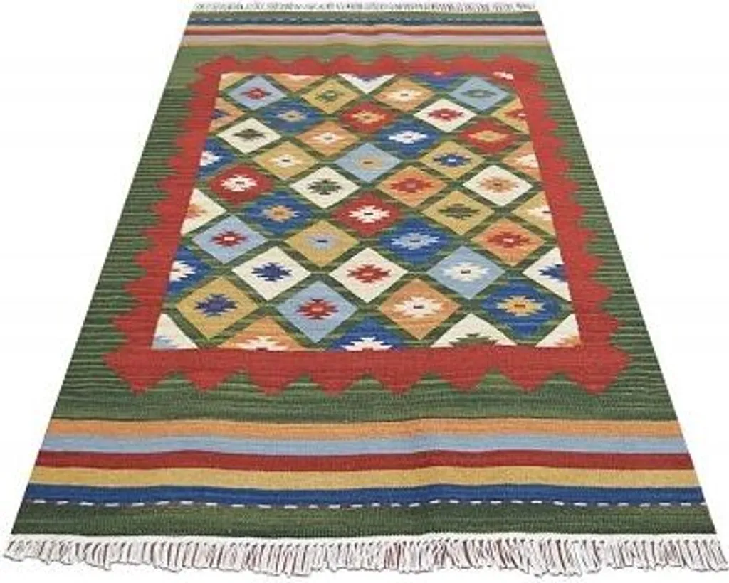 Tapis de Salon Vert Kelim K-14 : Déco Naturelle en 170x230 cm