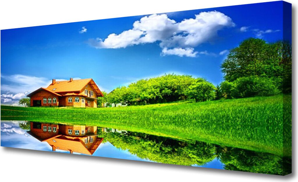 Tulup Leinwand-Bilder 125x50 Wandbild Canvas Kunstdruck Haus See Gras Natur