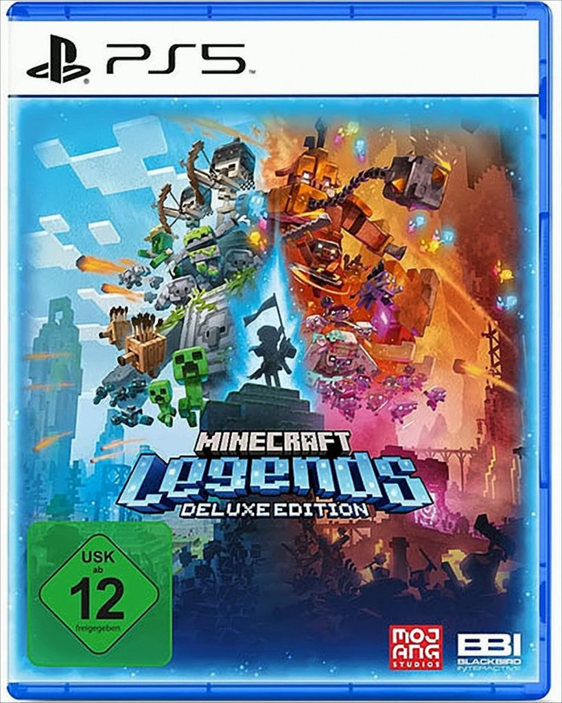 The image shows the game box for Minecraft Legends Deluxe Edition for PlayStation 5.