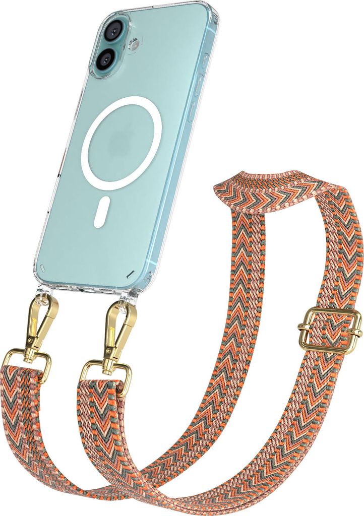 EAZY CASE - Handykette mit MagSafe Hülle für Apple iPhone 16 Plus, Handyband ZigZag Style,Karabiner Gold, Umhängeband in Orange