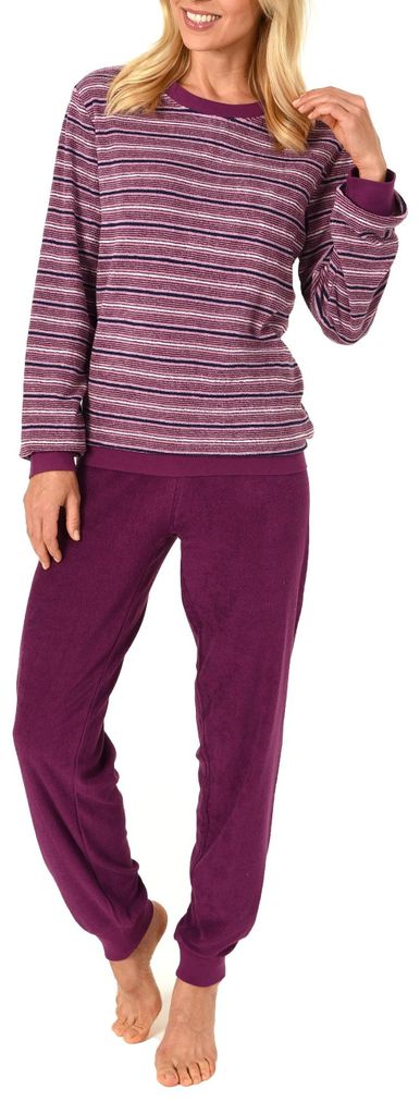 Edler Damen Frottee Pyjama langarm Schlafanzug mit Bündchen in Streifenoptik - 291 13 902 ; rot , 48/50