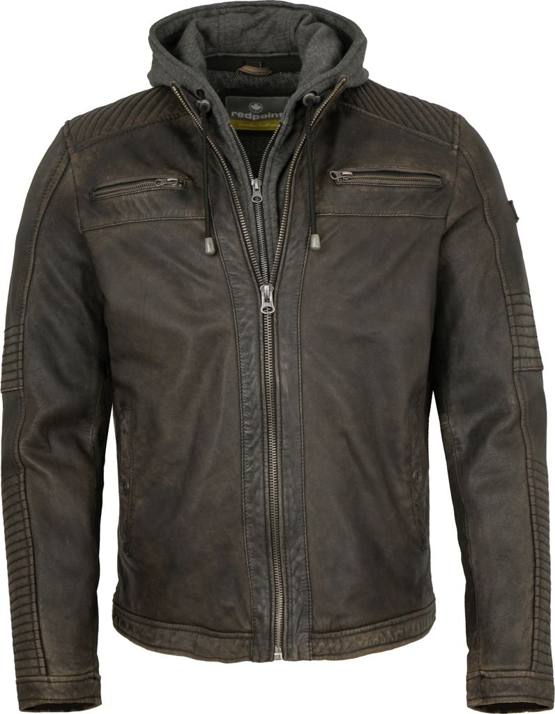 Redpoint - Herren Lederjacke Bikerjacke Kapuze Lammnappa braun antik holzkohle : 68