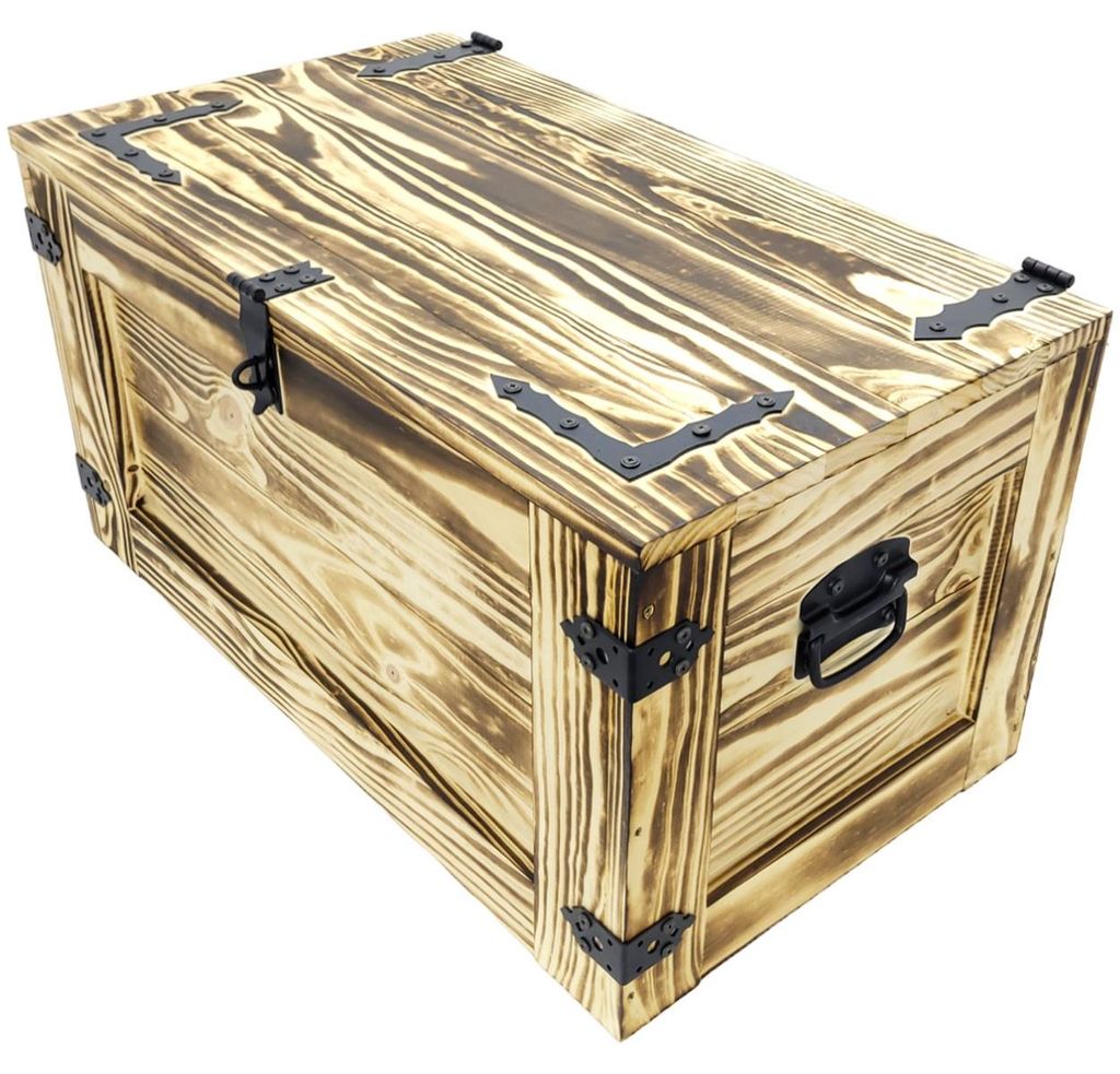 Truhe aus Holz 80cm große Holztruhe mit Metallbeschlägen