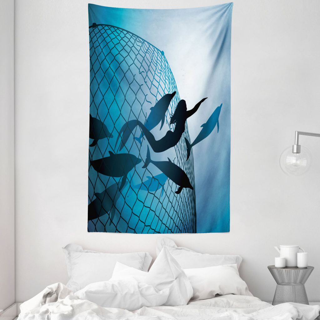 ABAKUHAUS Meerjungfrau Wandteppich und Tagesdecke, Flug von Delfinen aus Weiches Mikrofaser Stoff Waschbar ohne Verblassen Digitaldruck, 140 x 230 ...