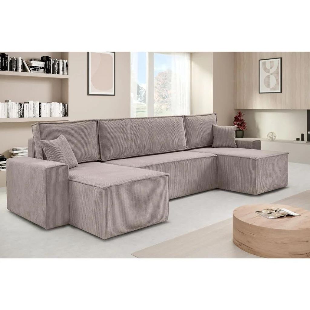 Ecksofa HEKTOR U-Form mit Schlaffunktion und Bettkasten, Couch in Dunkelbeige, Ottomane 100 cm