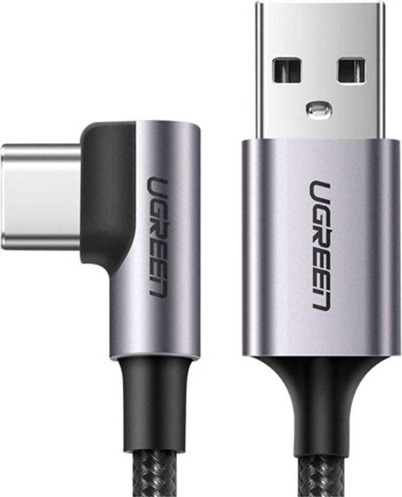A close-up studio shot of a USB-A to USB-C cable with angled connectors.