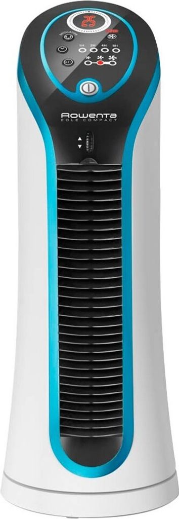 A white and blue tower fan with a black grill.