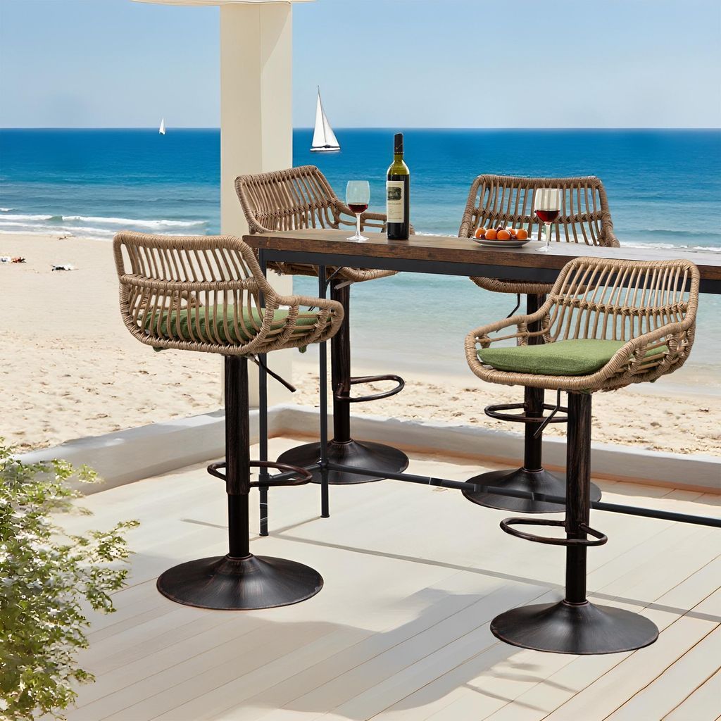 LVHOM 4er Set Barhocker Rattan mit Metallsockel, Barstuhl mit Rückenlehne, Gartenmöbel Balkonmöbel, höhenverstellbar Hocker 360° drehbar, Grün