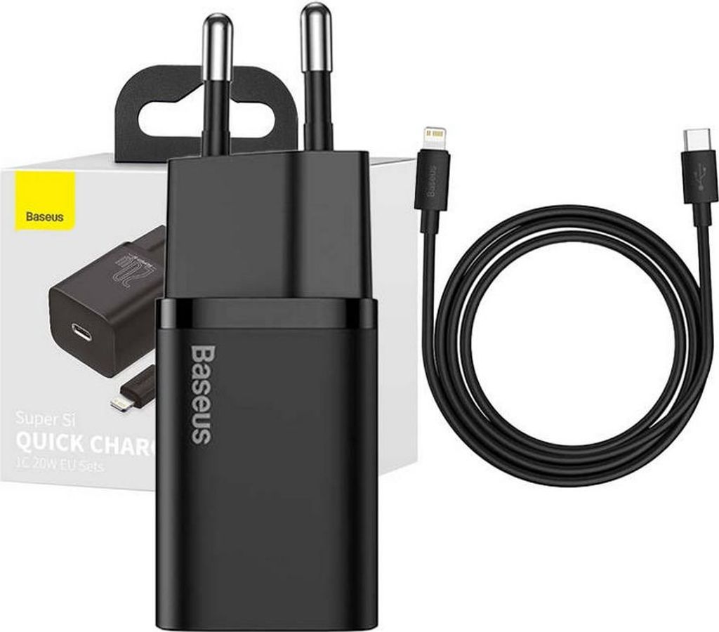 Baseus 1C Super Si Fast Charge 20W USB-C Ladegert mit 1M Lightning Kabel Schwarz