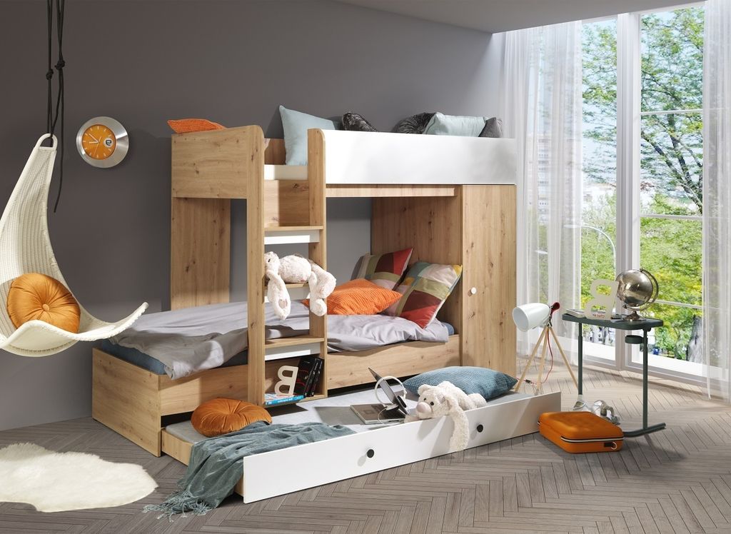 Hochbett Etagenbett mit Schrank SAM 2 für 2-3 Kinder eiche weiß