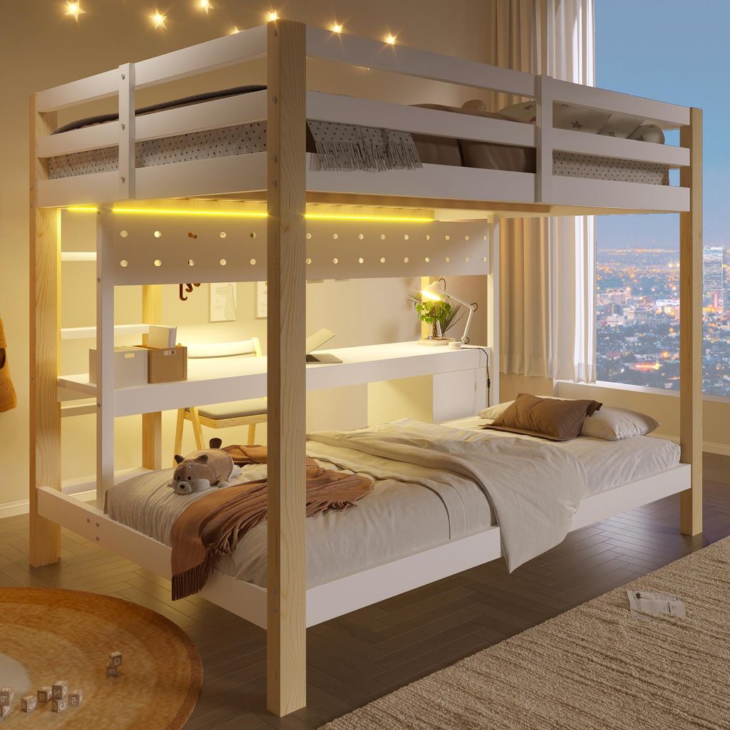 Merax Etagenbett Hochbett 140x200 + 90x200 cm, Kiefernholz mit Schubladen, Schreibtisch, Lochplatten-Hängevorrichtung, LED, Kinderbett, Weiß + Natur