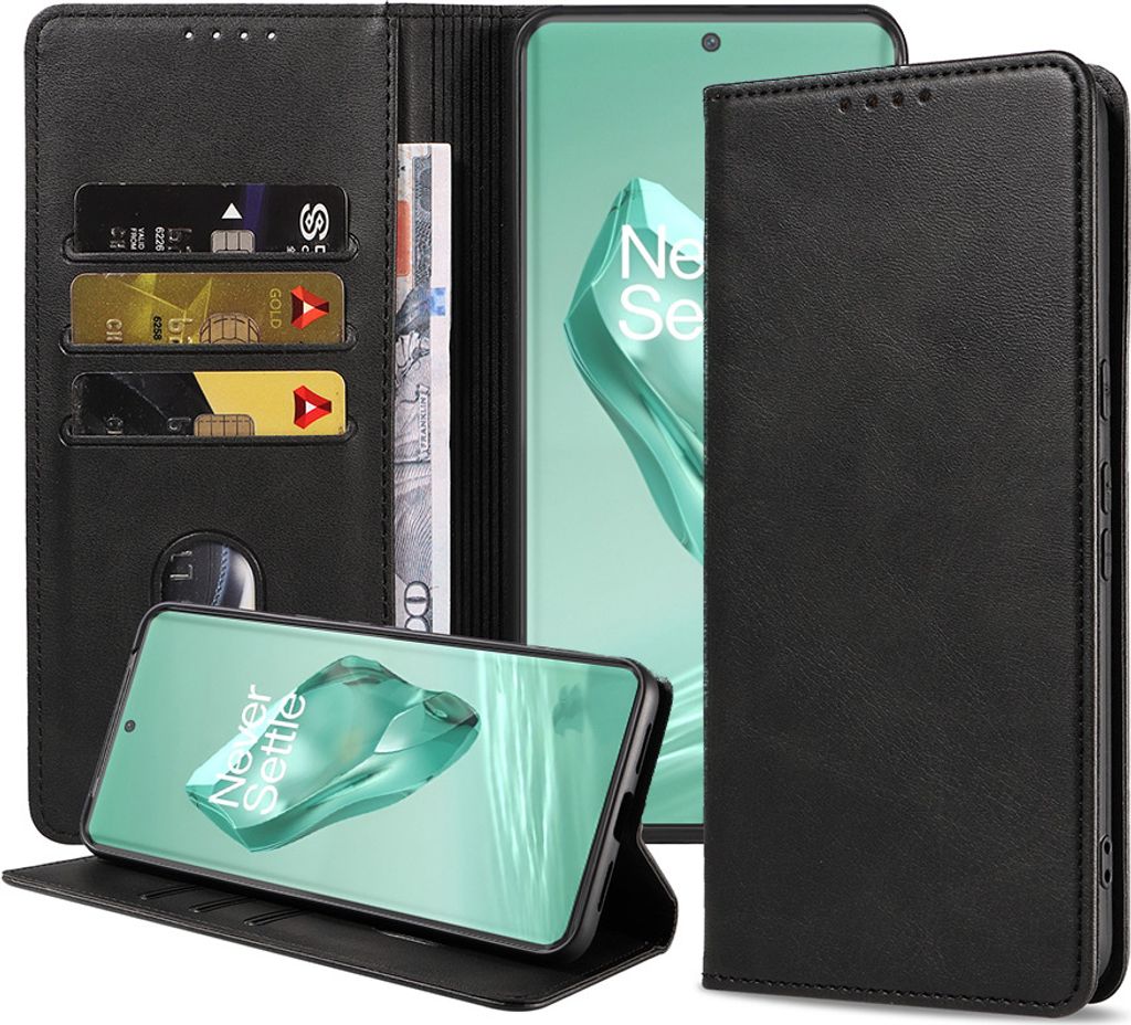 Smartphonica Handytasche geeignet für OnePlus 12 Kunstleder mit Magnetverschluss und Kartenhalter Bücherregal mit Klappe - Schwarz