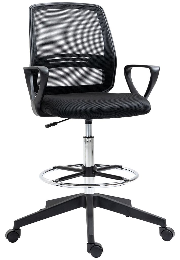 Bürostuhl Ergonomischer Schreibtischstuhl mit Armlehnen und Verstellbarer Fußring – Höhenverstellbarer Drehstuhl mit Netzbespannung Schwarz