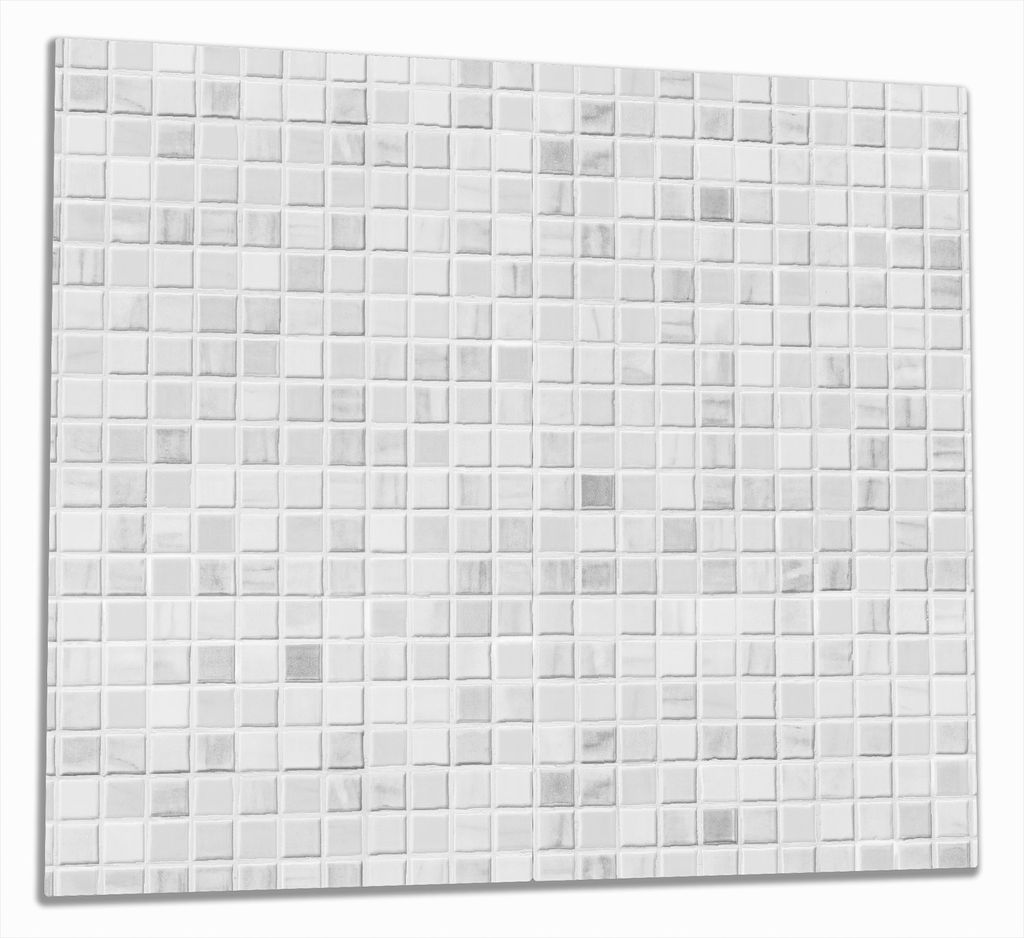 Wallario Herdabdeckplatte aus Glas, Größe 60 x 52 cm 2-teilig, Motiv Fliesen im Bad weiß-grau