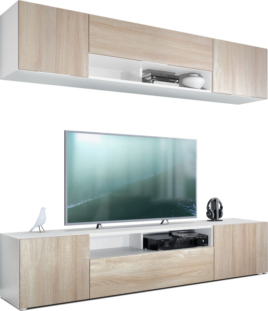 Vladon Wohnwand Mogan, Weiß matt/Eiche sägerau - Moderne Anbauwand bestehend aus 2 TV-Boards (181 x 147 x 35 cm)