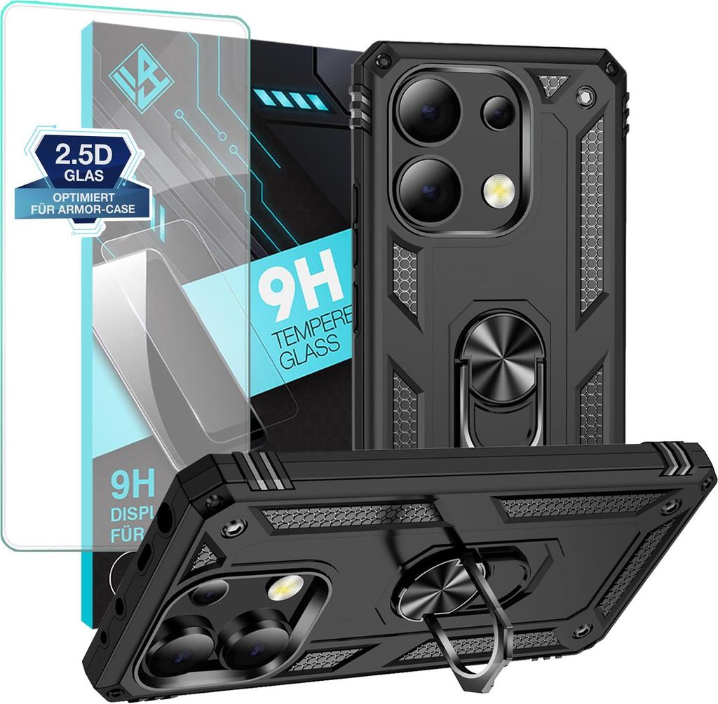 Armor Outdoor Handyhülle für Xiaomi Redmi Note 13 Handy Panzer Case Schutzhülle mit 9H Displayglas Displayschutz Farbe: Schwarz