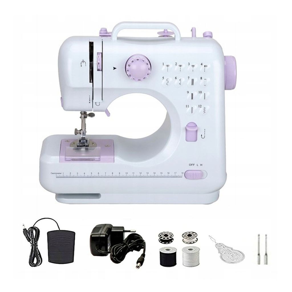 A white and purple mini sewing machine is shown with its accessories on a white background.