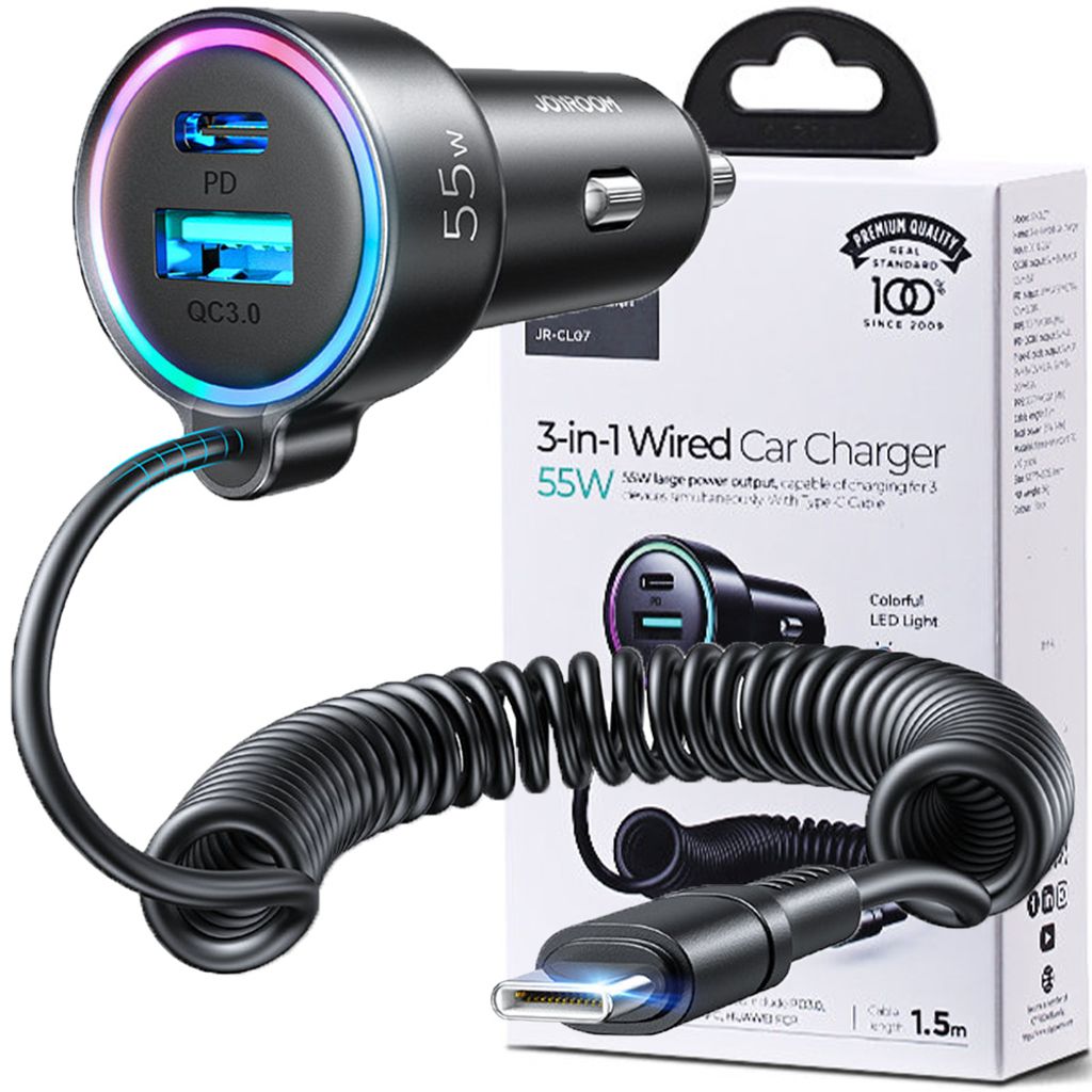 Joyroom Szybka Ładowarka Samochodowa 3 W 1 Z Kablem Usb Typ Zdjęcie produktu 