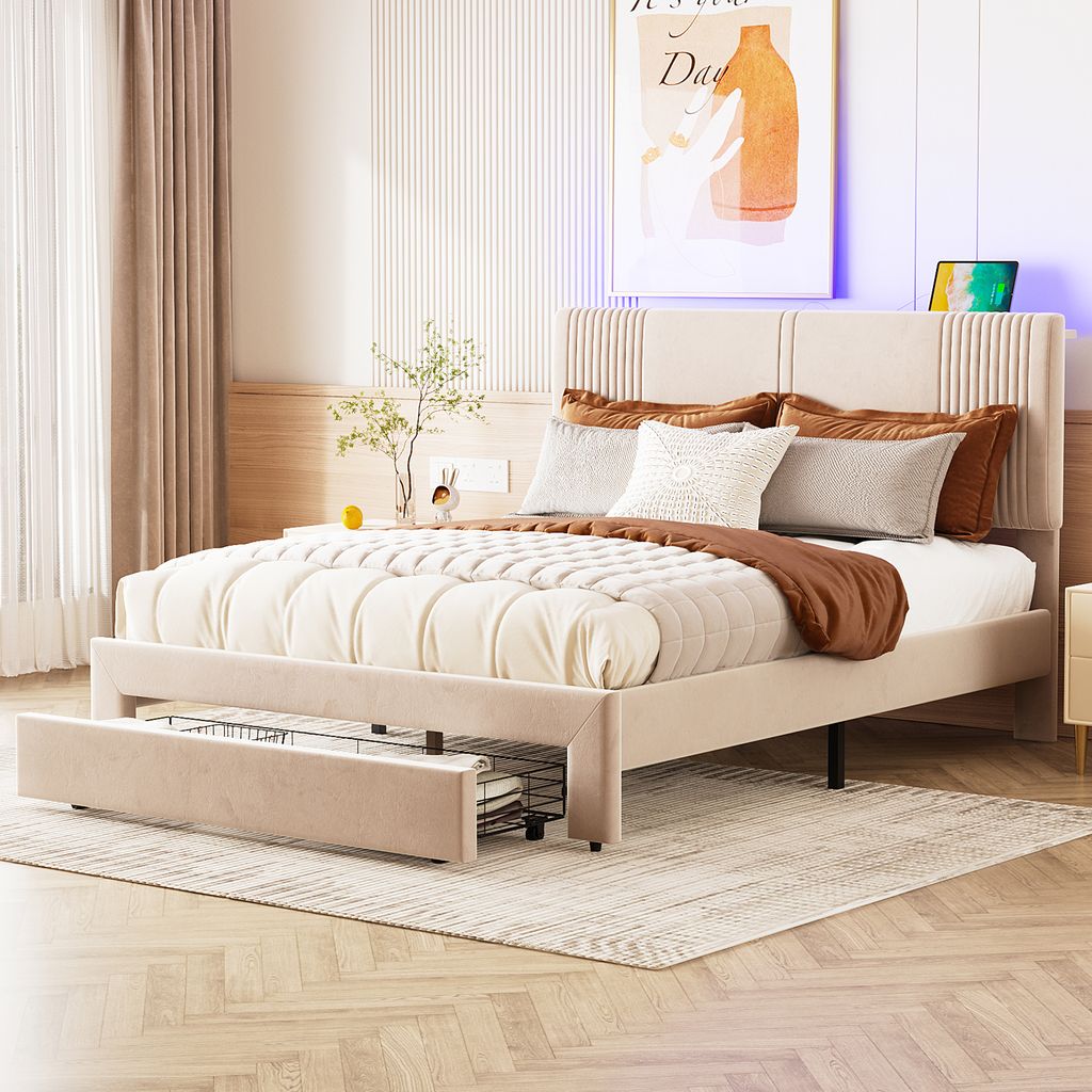 STILVORA Polsterbett 140x200 mit RGB-LED und USB-Buchse,Jugendbett mit Lichtleiste,Doppelbett in Samtstoff,ohne Matratze,Beige