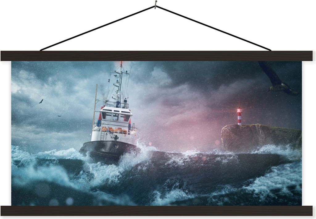 MuchoWow Textilposter Meer - Boot - Sturm - Leuchtturm 150x75 cm mit schwarzem Rahmen - Posterleiste