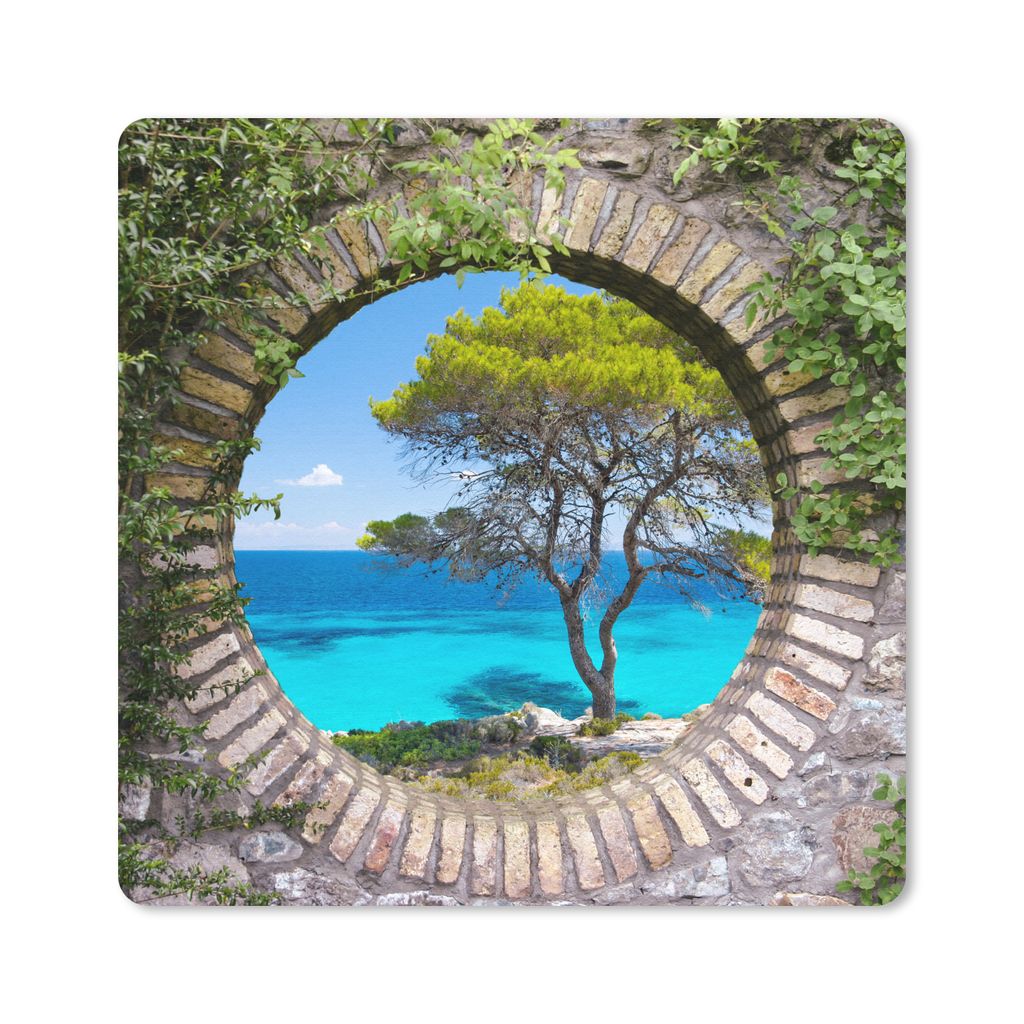 MuchoWow Mauspad Mousepad Meer - Baum - Tropisch - Ausblick 20x20 cm - Mousepads - Maus Mat - Pad - Mausunterlage - Desk Mat - Bureauartikeln