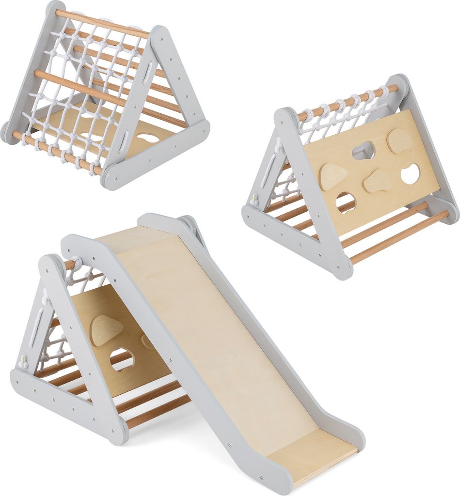 A collage of three images showing different configurations and features of a wooden climbing triangle for children.